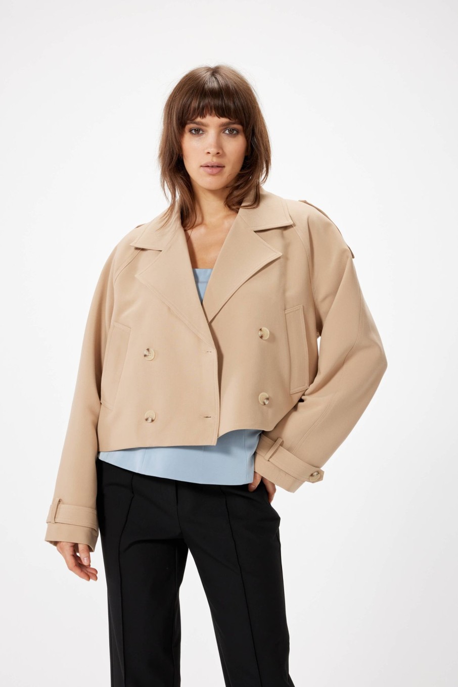 Outerwear Sophie Rue | The Cropped Mini Trench In Camel